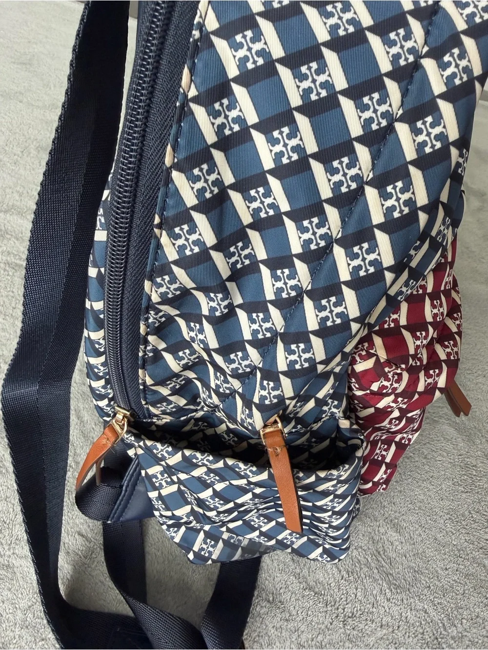 Tory Burch Navy and Burgundy Geometric Logo Backpack